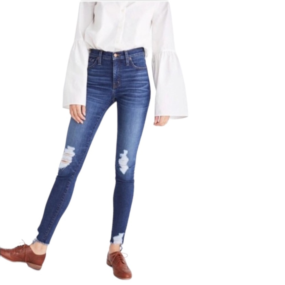 MADEWELL womans sz 29 9" high rise skinny destructed busted knee raw hem jeans